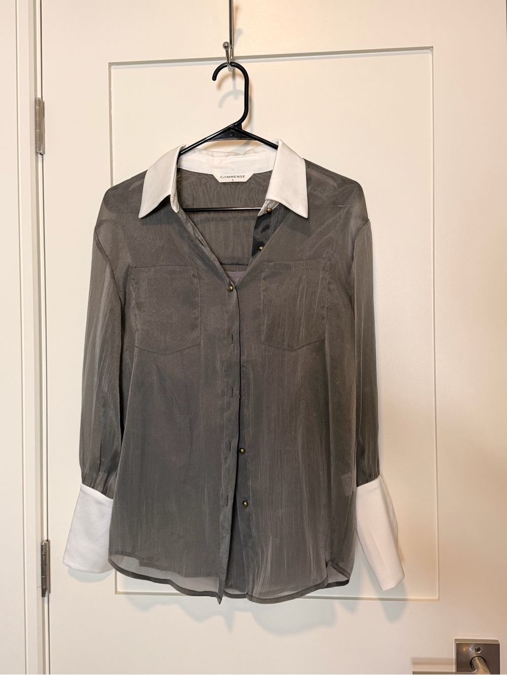 Commense Sheer Gray Button-Down Shirt with White Collar & Cuffs